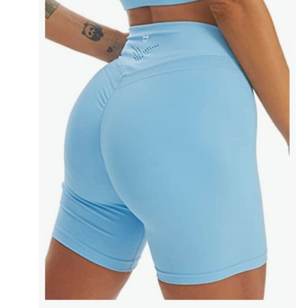TomTiger High-Waisted Biker Shorts, Baby Blue, Scrunch Back, Size Small